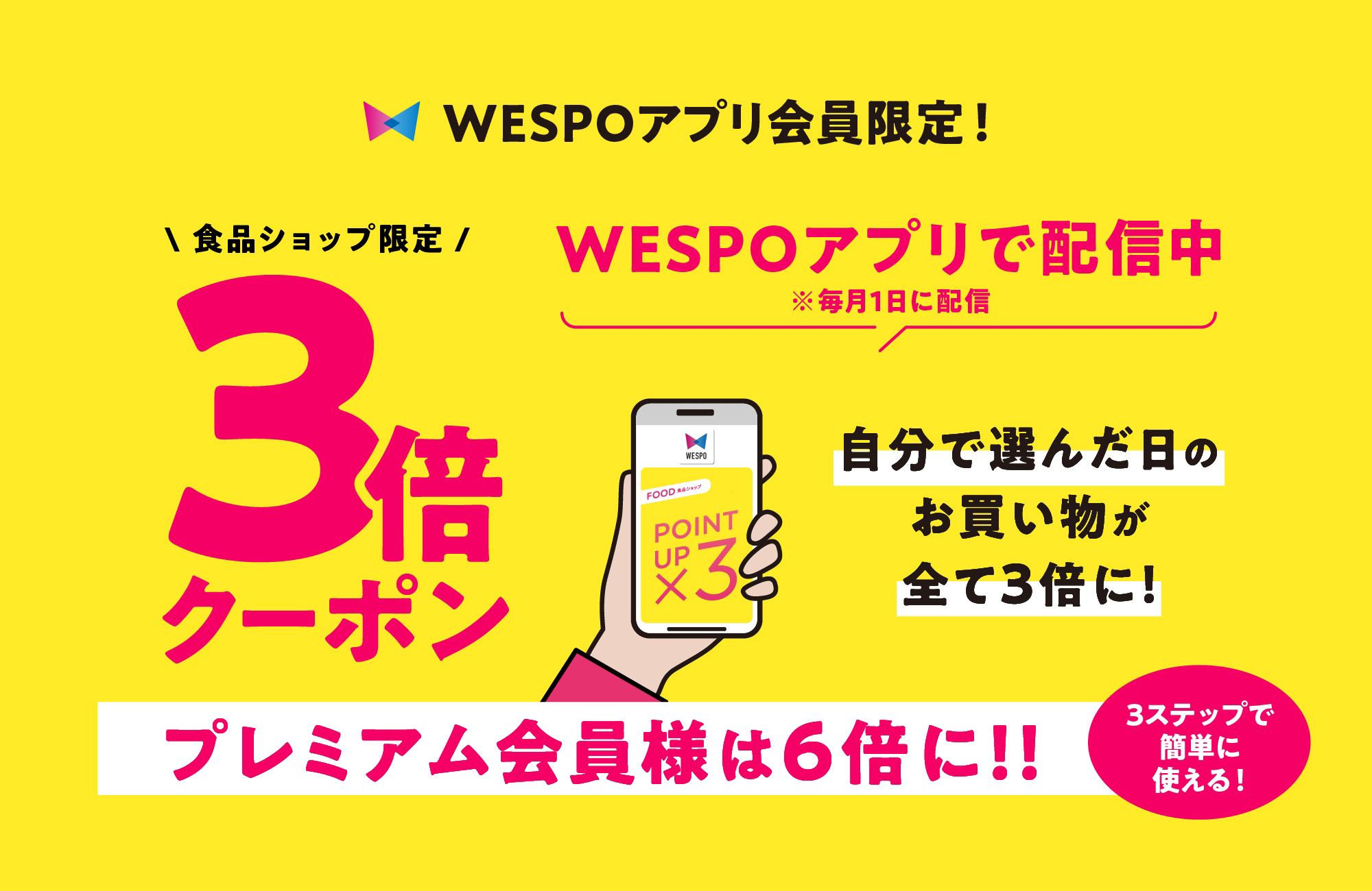WESPOアプリ会員限定！　食品ショップ限定 WESPOアプリで配信中　※毎月1日に配信　自分で選んだ日のお買い物が全て3倍に！　プレミアム会員様は6倍に!! 3倍クーポン